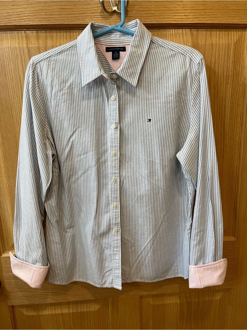 Tommy Hilfiger Blue and White Pinstripe Dress Shirt with Pink Cuff & CollarDetai